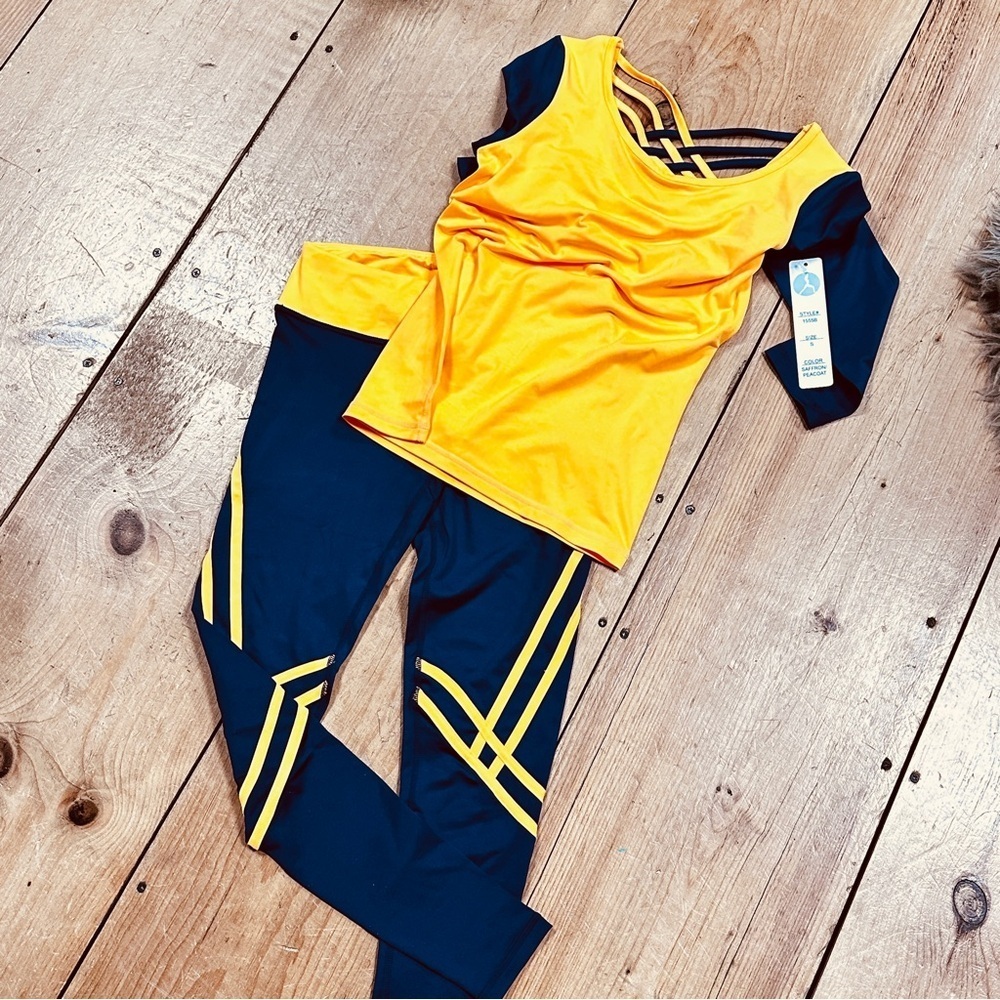 Yoshion athletic yoga workout set, leggings & tee Beautiful Blue & Gold, S  NWT!